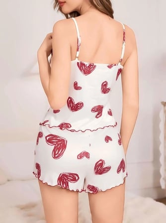 Kadın Beyaz Kalp Desenli Şortlu Gecelik Pijama Takımı Sevimli Rahat 2’li Set