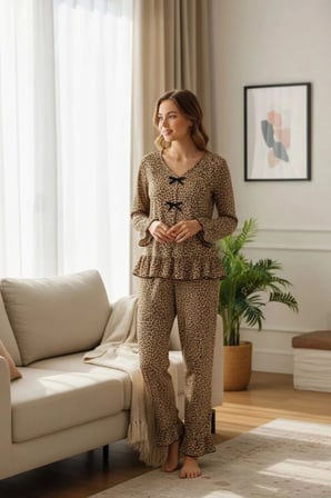 Kadın Leopar Desenli Fiyonk Detaylı Uzun Kollu Ev Giyim Pijama Takımı Premium Homewear