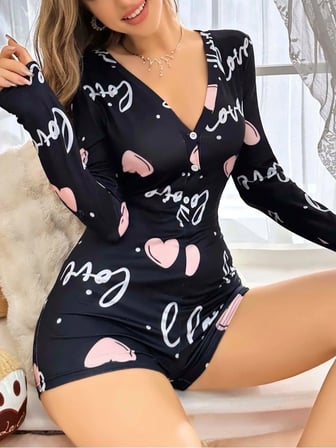 Kadın Siyah Kalp Desenli Love Yazılı Pijama Tulumu 5124