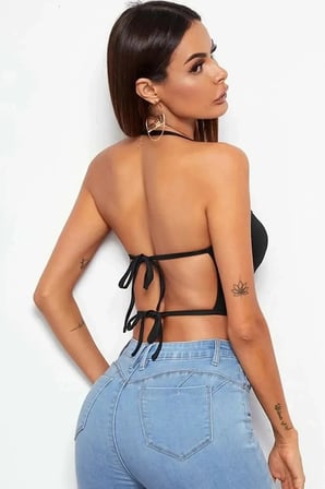 Kadın Sırtı Açık Siyah Belden Bağlamalı Crop Büstiyer