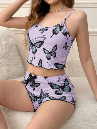 Mor Renk Kelebek Desenli Şortlu Ev Giyim Takımı,kadın Yazlık Askılı Pijama, Rahat Ve Şık Ev Giyim