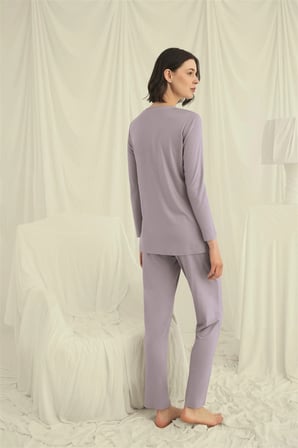 Uzun Kollu Düğmeli V Yaka Pijama Takımı