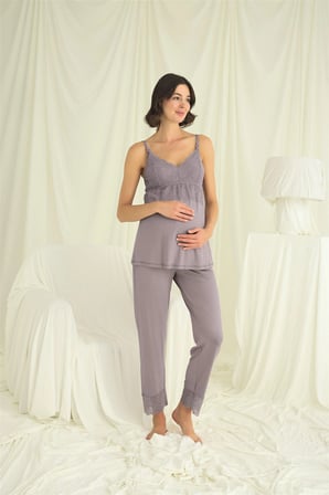 Dantelli Hamile Lohusa 3lü Pijama Takımı