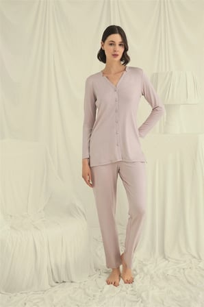 Uzun Kollu Düğmeli V Yaka Pijama Takımı