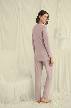 Uzun Kollu Düğmeli V Yaka Pijama Takımı