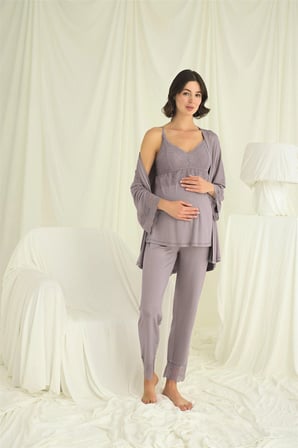 Dantelli Hamile Lohusa 3lü Pijama Takımı