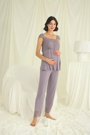 Dantelli Önü Düğmeli Hamile Lohusa 3'lü Pijama Takımı