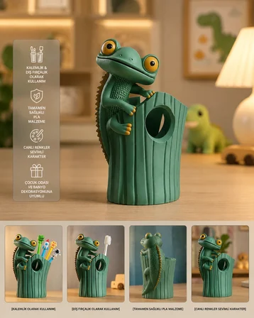 Nova Home Kertenkele Figürlü Diş Fırçalığı ve Kalemlik Yeşil 3D Baskı