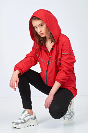 Kadın Kırmızı Fermuarlı Yağmurluk