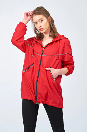 Kadın Kırmızı Fermuarlı Yağmurluk