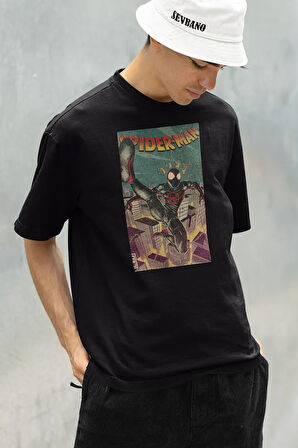 Siyah Örümcek Adam Baskılı Unisex Oversize Tişört