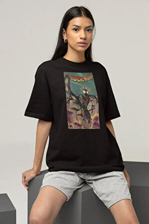 Siyah Örümcek Adam Baskılı Unisex Oversize Tişört