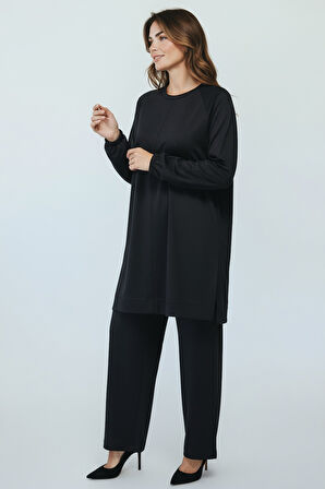 KADIN TUNİK ÖNÜ DİKİŞLİ ALTI BANTLI PANTOLONUN BELİ LASTİKLİ ÖNÜ DİKİŞLİ İKİLİ TAKIM