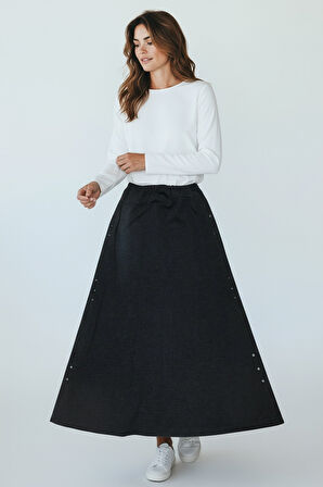 KADIN BELİ LASTİKLİ YANLARDAN DİVET DETAYLI KALIN KIŞLIK ETEK