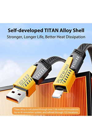 4in1 PD 65 Watt Type-C/27 Watt iPhone Paraşüt İpi Halat Örgü Kırılmaz Uç 1 Metre Hızlı Şarj Kablosu