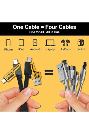 4in1 PD 65 Watt Type-C/27 Watt iPhone Paraşüt İpi Halat Örgü Kırılmaz Uç 1 Metre Hızlı Şarj Kablosu