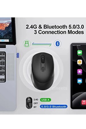 Çift Modlu Kablosuz Bluetooth Mouse Şarj Edilebilir Sessiz Tıklama Mouse Tablet Telefon PC Uyumlu