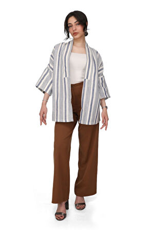 Çizgili Kimono Ceket %100 Pamuk