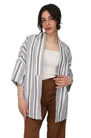 Çizgili Kimono Ceket %100 Pamuk