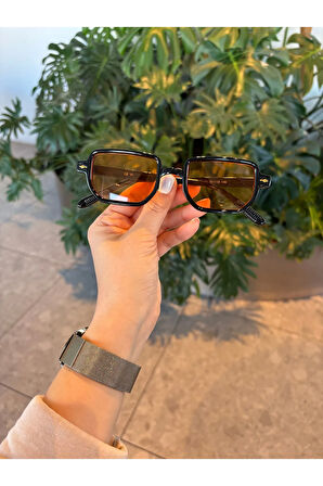 Lodin Siyah Çerçeveli Turuncu Camlı Trend köşeğen 2025 unisex Güneş Gözlüğü