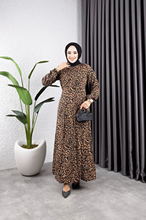Kadın Fermuarlı Çıtır Leopar Desenli Belden Oturaklı Viskon Tesettür Elbise