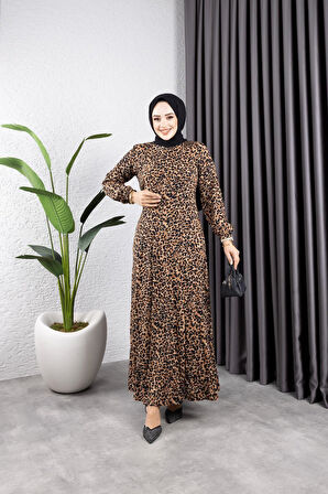 Kadın Fermuarlı Çıtır Leopar Desenli Belden Oturaklı Viskon Tesettür Elbise