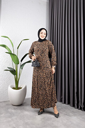 Kadın Fermuarlı Çıtır Leopar Desenli Belden Oturaklı Viskon Tesettür Elbise