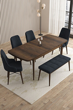 Loft Barok Desen 80x132 Açılabilir Mdf Masa Yemek Odası Takımı, Mutfak Takımı 4 Sandalye, 1 Bench