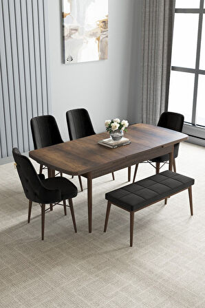 Loft Barok Desen 80x132 Açılabilir Mdf Masa Yemek Odası Takımı, Mutfak Takımı 4 Sandalye, 1 Bench
