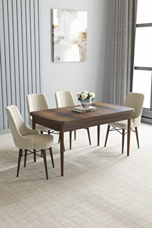 Loft Barok Desen 80x132 Açılabilir Mdf Masa Yemek Odası Takımı, Mutfak Takımı 4 Adet Sandalye