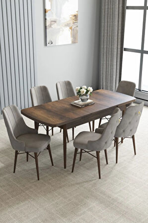 Loft Barok Desen 80x132 Açılabilir Mdf Masa Yemek Odası Takımı, Mutfak Takımı 6 Sandalye