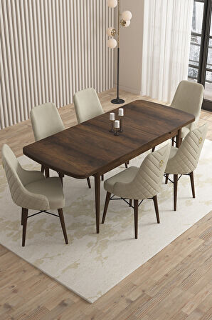 Loft Barok Desen 80x132 Açılabilir Mdf Masa Yemek Odası Takımı, Mutfak Takımı 6 Sandalye