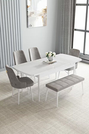 Loft Beyaz 80x132 Açılabilir Mdf Masa Yemek Odası Takımı, Mutfak Takımı 4 Sandalye, 1 Bench