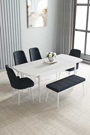 Loft Beyaz 80x132 Açılabilir Mdf Masa Yemek Odası Takımı, Mutfak Takımı 4 Sandalye, 1 Bench