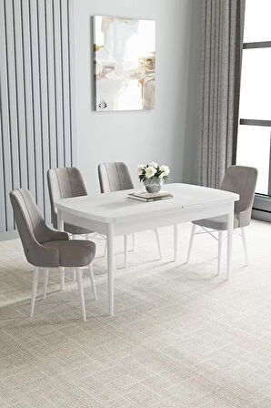 Loft Beyaz 80x132 Açılabilir Mdf Masa Yemek Odası Takımı, Mutfak Takımı 4 Adet Sandalye