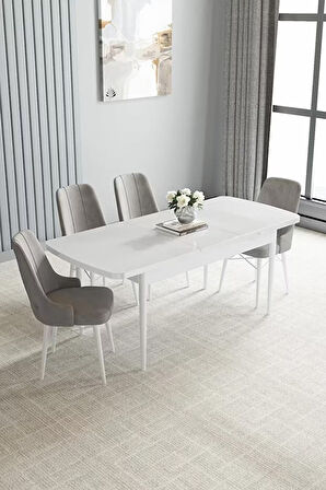 Loft Beyaz 80x132 Açılabilir Mdf Masa Yemek Odası Takımı, Mutfak Takımı 4 Adet Sandalye