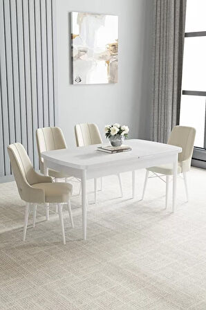 Loft Beyaz 80x132 Açılabilir Mdf Masa Yemek Odası Takımı, Mutfak Takımı 4 Adet Sandalye