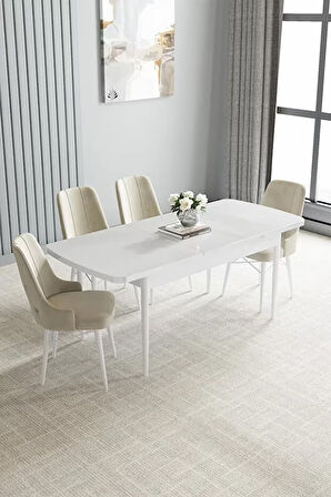 Loft Beyaz 80x132 Açılabilir Mdf Masa Yemek Odası Takımı, Mutfak Takımı 4 Adet Sandalye