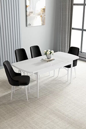 Loft Beyaz 80x132 Açılabilir Mdf Masa Yemek Odası Takımı, Mutfak Takımı 4 Adet Sandalye