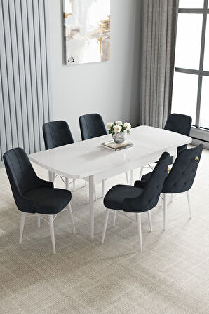 Loft Beyaz 80x132 Açılabilir Mdf Masa Yemek Odası Takımı, Mutfak Takımı 6 Sandalye