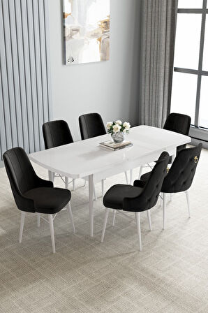 Loft Beyaz 80x132 Açılabilir Mdf Masa Yemek Odası Takımı, Mutfak Takımı 6 Sandalye