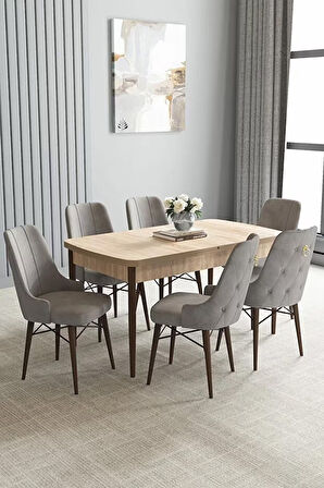 Loft Meşe Desen 80x132 Açılabilir Mdf Masa Yemek Odası Takımı, Mutfak Takımı 6 Sandalye