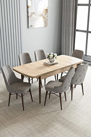 Loft Meşe Desen 80x132 Açılabilir Mdf Masa Yemek Odası Takımı, Mutfak Takımı 6 Sandalye