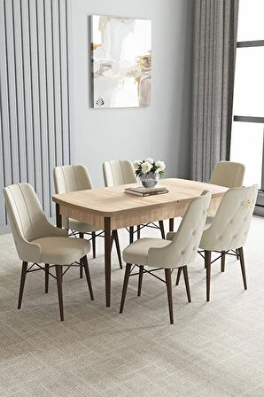 Loft Meşe Desen 80x132 Açılabilir Mdf Masa Yemek Odası Takımı, Mutfak Takımı 6 Sandalye