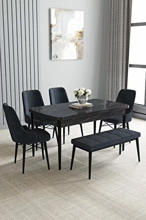 Loft Siyah Mermer 80x132 Açılabilir Mdf Masa Yemek Odası Takımı, Mutfak Takımı 4 Sandalye, 1 Bench