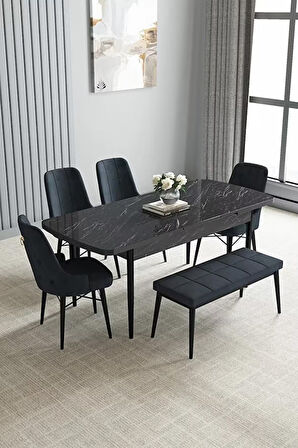 Loft Siyah Mermer 80x132 Açılabilir Mdf Masa Yemek Odası Takımı, Mutfak Takımı 4 Sandalye, 1 Bench