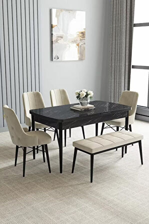 Loft Siyah Mermer 80x132 Açılabilir Mdf Masa Yemek Odası Takımı, Mutfak Takımı 4 Sandalye, 1 Bench