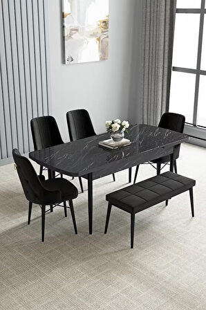 Loft Siyah Mermer 80x132 Açılabilir Mdf Masa Yemek Odası Takımı, Mutfak Takımı 4 Sandalye, 1 Bench