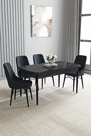 Loft Siyah Mermer 80x132 Açılabilir Mdf Masa Yemek Odası Takımı, Mutfak Takımı 4 Adet Sandalye