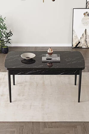 Loft Siyah Mermer 80x132 Açılabilir Mdf Masa Yemek Odası Takımı, Mutfak Takımı 4 Adet Sandalye